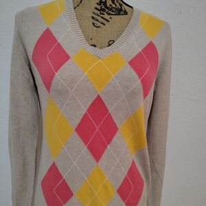 Izod Argyle V-Neck Lightweight Sweater Women's M TanCoral Yellow Excellent
